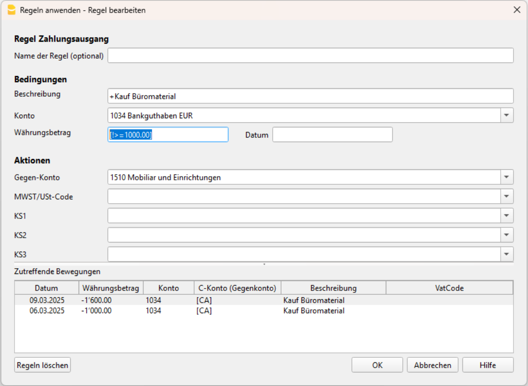 Regeln für das Feld Betrag im Dialog Regeln anwenden