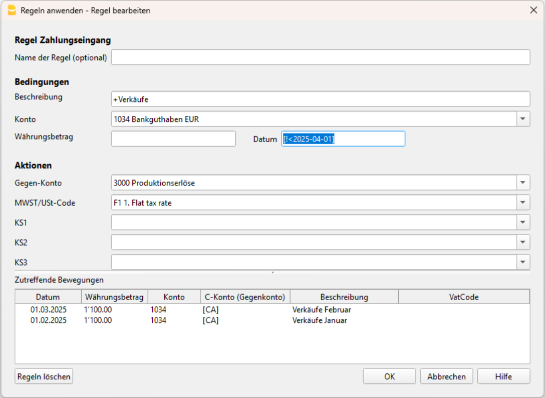 Regeln für das Feld Datum im Dialog Regeln anwenden