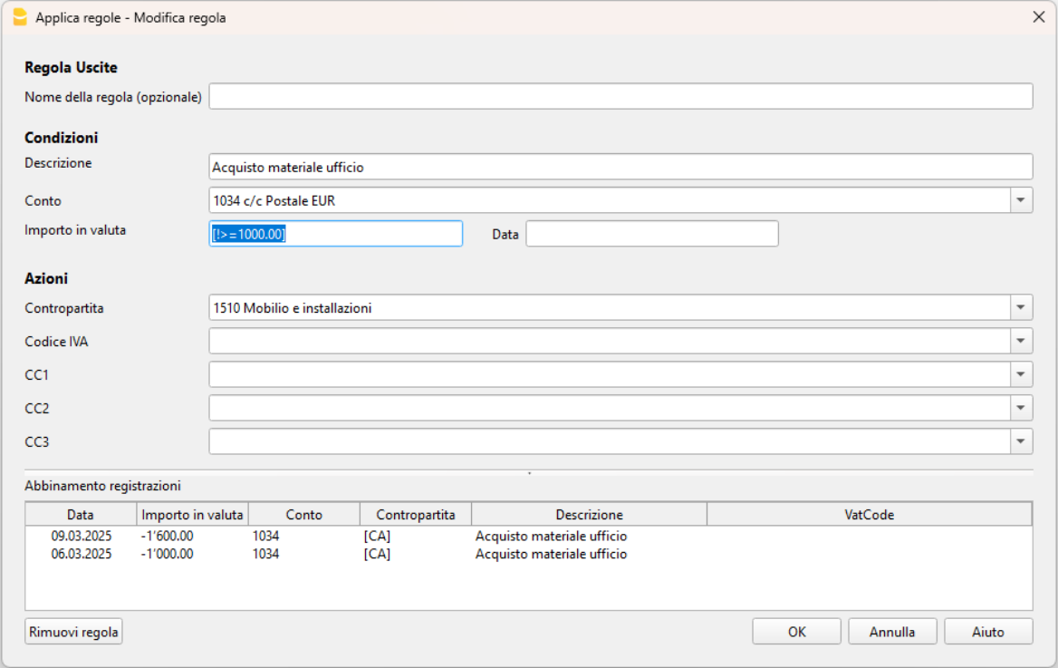 Regole sul campo Importo nel dialogo Applica regole